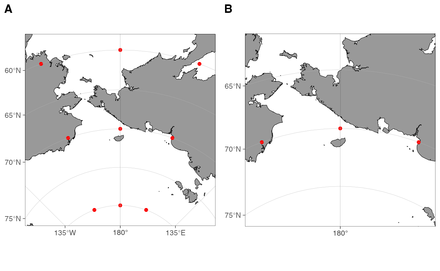 Figure above: The expand.factor argument can be used to expand (A) and reduce (B) map region in relation to data.